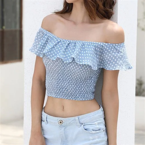 Dots Sexy Off Shoulder Flounce Elasticity Short Navel-baring Women T Shirts-- Spandex Blend Rayon Blend Denim Blend Dots Sexy Off Shoulder Flounce Elasticity Short Navel-baring Women T Shirts-- Spandex Blend Rayon Blend Denim Blend