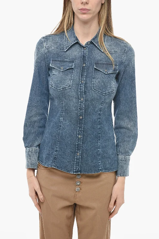 Dondup Stone Washed Denim Shirt with Snap Buttons 40 Italian size-- Lace Blend Ribbed Blend Corduroy Blend Dondup Stone Washed Denim Shirt with Snap Buttons 40 Italian size-- Lace Blend Ribbed Blend Corduroy Blend