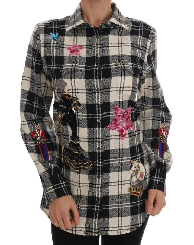Dolce & Gabbana Enchanted Sequin Checkered Wool Women's Shirt-- Silk Blend Satin Velvet Dolce & Gabbana Enchanted Sequin Checkered Wool Women's Shirt-- Silk Blend Satin Velvet