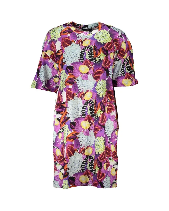 Cavalli Class  Floral Print T-Shirt Dress for Women-- Ribbed Striped Patterned