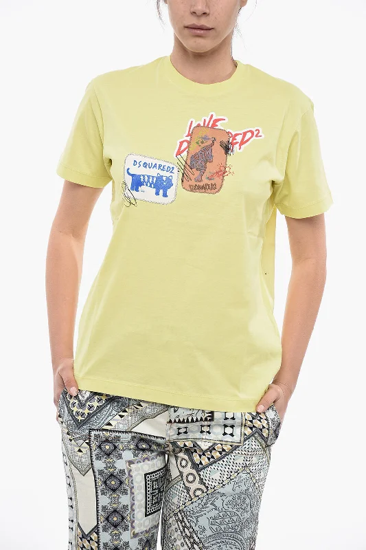Dsquared2 Crew Neck Cotton T-Shirt with Patches M Standard size-- Mesh Blend Leather Blend Suede Blend Dsquared2 Crew Neck Cotton T-Shirt with Patches M Standard size-- Mesh Blend Leather Blend Suede Blend