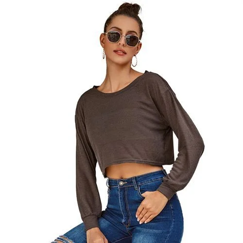 Fashion All-matched Long Sleeves Round Neck Knit Women T Shirts-- Mesh Blend Leather Blend Suede Blend Fashion All-matched Long Sleeves Round Neck Knit Women T Shirts-- Mesh Blend Leather Blend Suede Blend