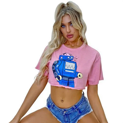 Round Neck Super Short Cartoon Short Sleeves Women T Shirts-- Graphic T-Shirt Round Neck Polyester Round Neck Super Short Cartoon Short Sleeves Women T Shirts-- Graphic T-Shirt Round Neck Polyester
