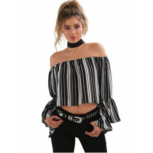Off Shoulder Sexy Stripe Chiffon Fashion Bell Long Sleeves Women T Shirts-- Front Pockets Side Pockets Patch Pockets Off Shoulder Sexy Stripe Chiffon Fashion Bell Long Sleeves Women T Shirts-- Front Pockets Side Pockets Patch Pockets