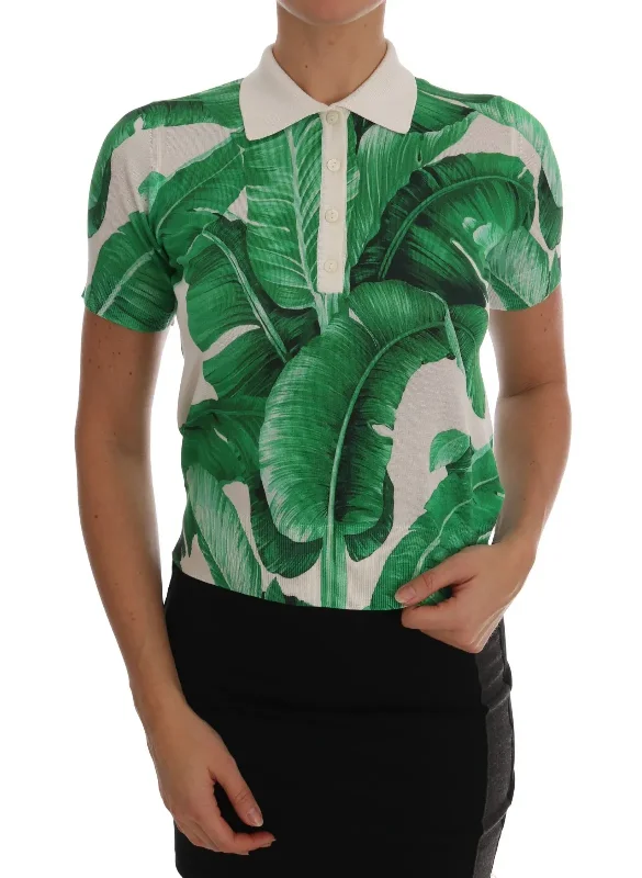 Dolce & Gabbana Green Banana Print Silk Polo Women's T-shirt-- Hooded Caped Shawl Collar Dolce & Gabbana Green Banana Print Silk Polo Women's T-shirt-- Hooded Caped Shawl Collar
