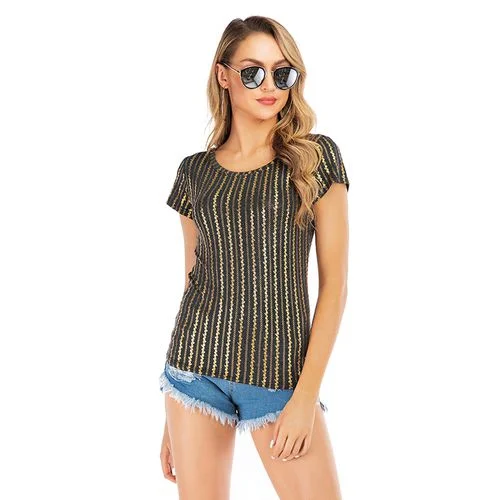 Gold Strap Short Sleeves Slim Crew-neck Top Women T Shirts-- Fitted T-Shirt Seamless Stretchy Gold Strap Short Sleeves Slim Crew-neck Top Women T Shirts-- Fitted T-Shirt Seamless Stretchy