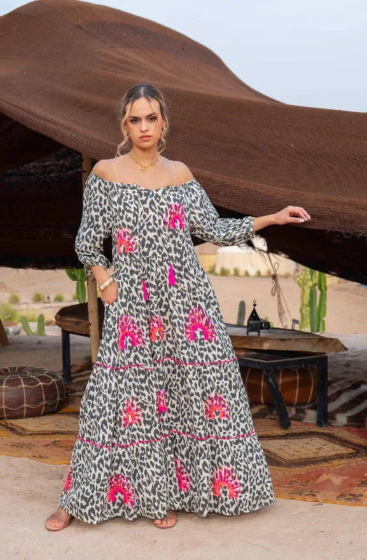 Saby Black Leopard Off The Shoulder Dress Maxi Flowy Bohemian
