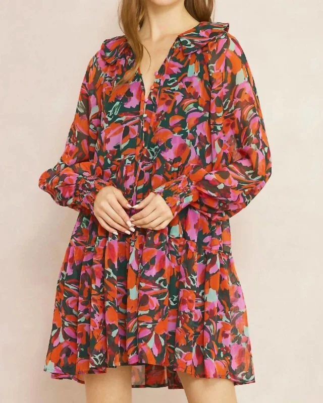 Printed Long Sleeve Mini Dress in Red/Green | Red/Green Comfortable Fit-and-Flare Mini Dress