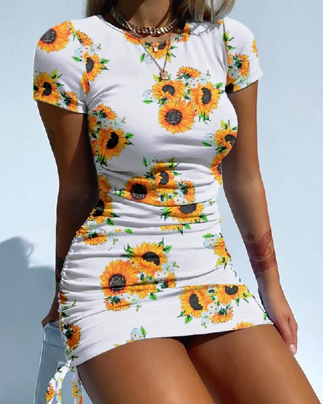 New Style Women Slim Sheath Short Dress Ladies Young Style Sunflower Mini Dress Summer Dyeing Drawstring Elegant Sequin Mini Dress New Style Women Slim Sheath Short Dress Ladies Young Style Sunflower Mini Dress Summer Dyeing Drawstring Elegant Sequin Mini Dress