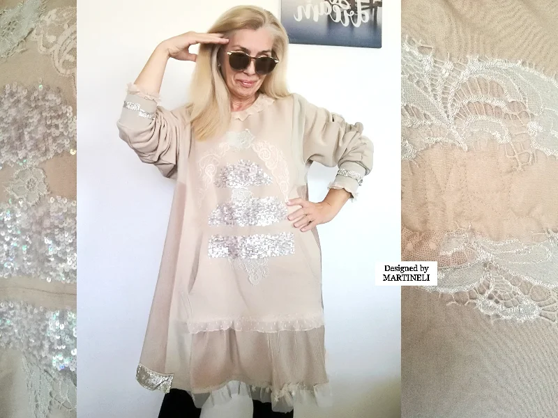 Plus Size Sweatshirt Dress 3XL Maxi Beige Cotton Top Hoodie with Ribbed Hem Stretchable Secure Plus Size Sweatshirt Dress 3XL Maxi Beige Cotton Top Hoodie with Ribbed Hem Stretchable Secure