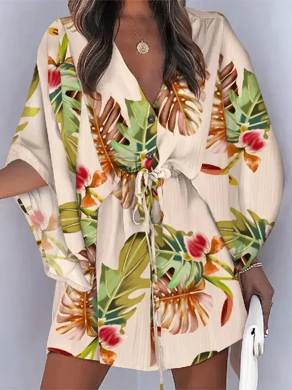 Beach-Ready Mini Dress with V-Neck and Printed Pattern Trendy Tulle Mini Dress