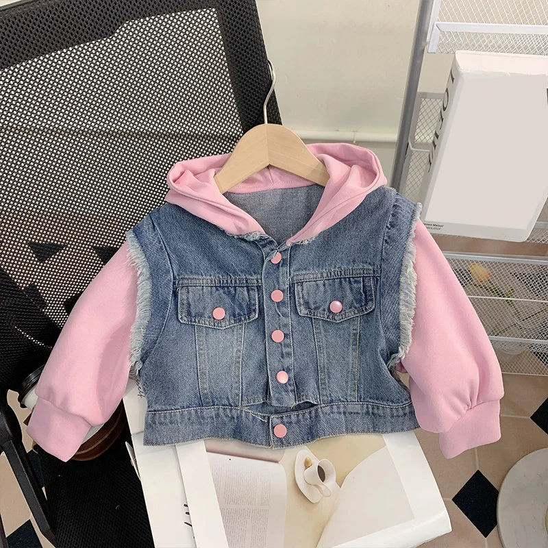 Cute Baby Girl Hooded Patchwork Denim Sweatshirt Hoodie with Reflective Safety Nightwear Cute Baby Girl Hooded Patchwork Denim Sweatshirt Hoodie with Reflective Safety Nightwear