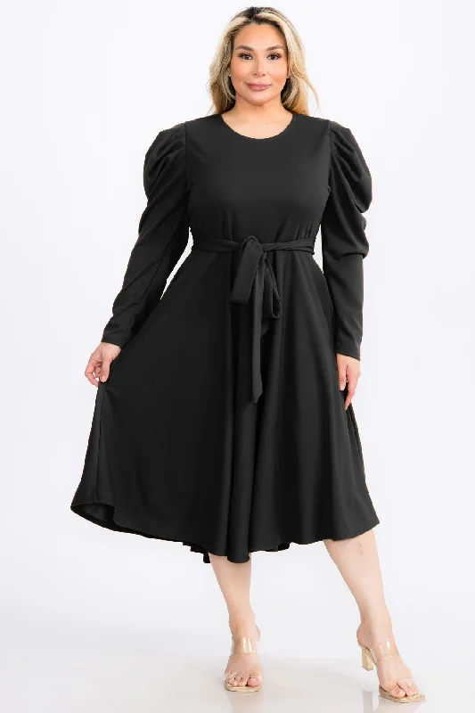 Plus Size Solid Smocked Cuff Raglan Sleeves Flare Midi Plated Dress With Belt Tunics Travel practical Plus Size Solid Smocked Cuff Raglan Sleeves Flare Midi Plated Dress With Belt Tunics Travel practical