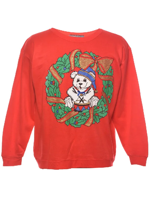 Teddy Bear Print Christmas Sweatshirt - L Hoodie with Batwing Sleeves Loose Dramatic Teddy Bear Print Christmas Sweatshirt - L Hoodie with Batwing Sleeves Loose Dramatic