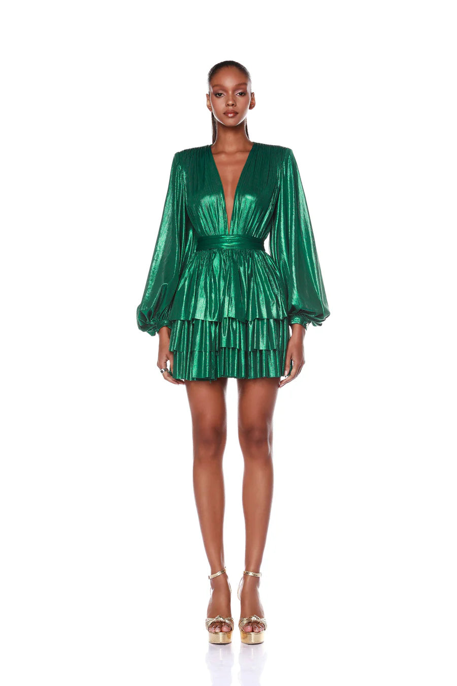 Bedouin Metallic Mini Dress - Green Trendy Button-Detail Mini Dress