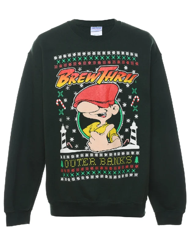 Brew Thru Multi-Colour Printed Christmas Sweatshirt - M Hoodie with Emblem Brand Identity Brew Thru Multi-Colour Printed Christmas Sweatshirt - M Hoodie with Emblem Brand Identity