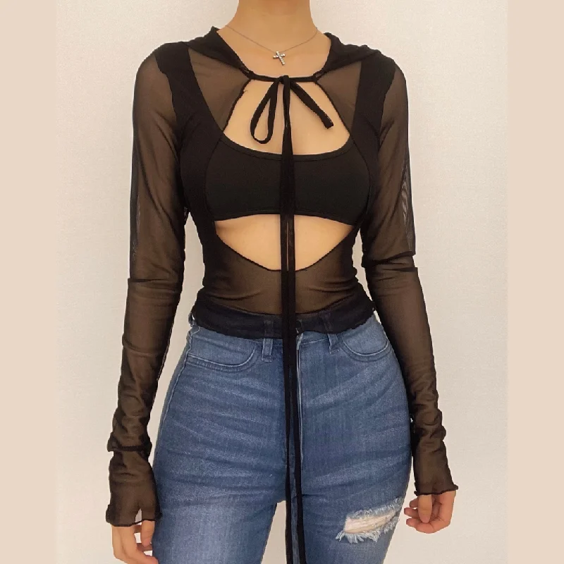 Long sleeve solid mesh hoodie self tie hollow out crop cut out top-final-sale Hoodie with Elastic Waist Stretchable Comfortable Long sleeve solid mesh hoodie self tie hollow out crop cut out top-final-sale Hoodie with Elastic Waist Stretchable Comfortable