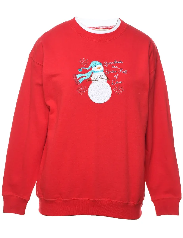 Snowman Design Red Christmas Sweatshirt - M Hoodie with Set-In Sleeves Structured Classic Snowman Design Red Christmas Sweatshirt - M Hoodie with Set-In Sleeves Structured Classic