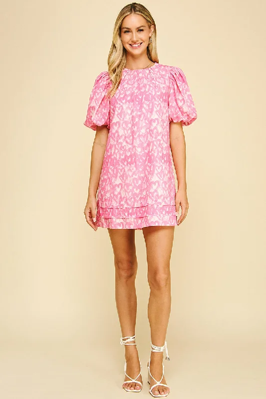 Heart Print Mini Dress Trendy Button-Detail Mini Dress