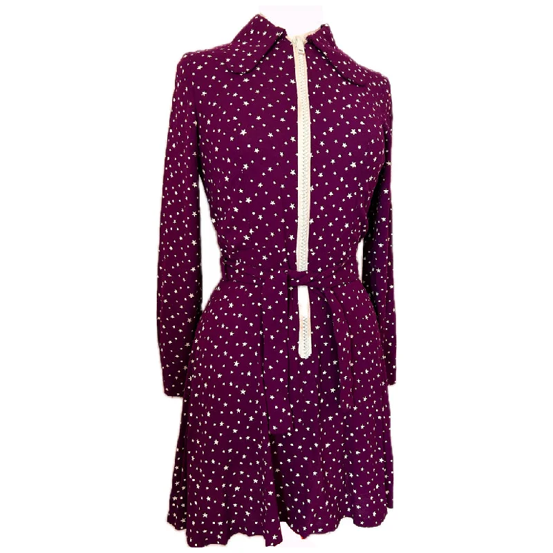 Claret rayon crepe star print 1970s belted mini dress with chunky zips Fashionable Boho-Chic Mini Dress