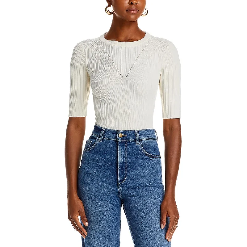 7 For All Mankind Womens Ribbed Three Quarter Sleeve Pullover Top Open Neck Pullover