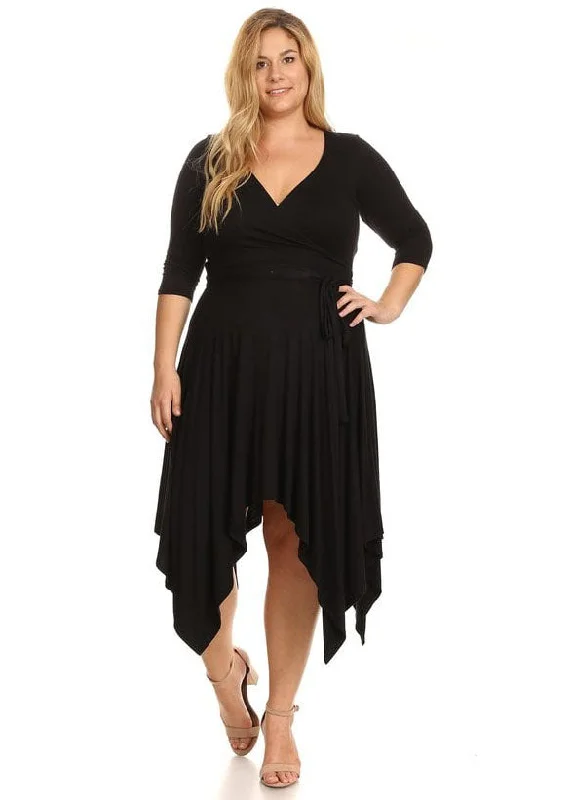 Plus Size women Asymmetric Pleated hem Wrapped Flare Midi Dress 3/4 Sleeves Boatneck Modish Everyday Plus Size women Asymmetric Pleated hem Wrapped Flare Midi Dress 3/4 Sleeves Boatneck Modish Everyday