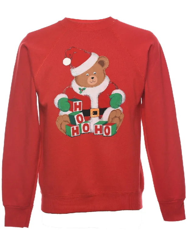 Teddy Bear Print Christmas Sweatshirt - S Hoodie with Button Placket Classic Preppy
