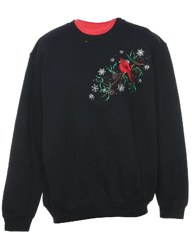 Bird Print Christmas Sweatshirt - L Hoodie with Strings Custom Fit Adjustable