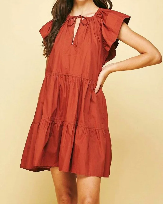 Caroline Ruffle Mini Dress In Burnt Orange | Burnt Orange Comfortable Shift Mini Dress Caroline Ruffle Mini Dress In Burnt Orange | Burnt Orange Comfortable Shift Mini Dress