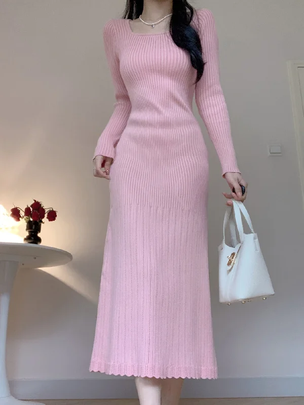 Stylish Long Sleeve Knitted Sweater Dress - Women's Elegant Square Neck Sweater Dress for Fall and Winter - Soft, Cozy, and Chic Clothing for Ladies Tunics Essential wardrobe
