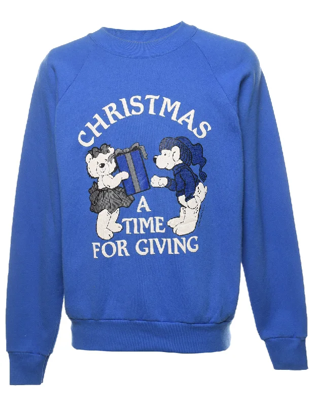 Blue Christmas Design Printed Sweatshirt - L Hoodie with Pocket Utility Practical