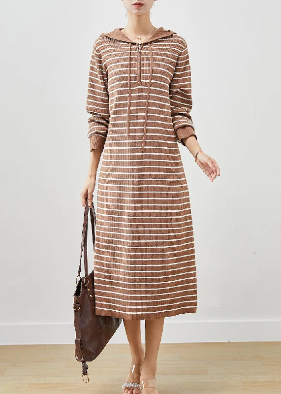 Fashion Khaki Hooded Striped Knit Sweatshirts Dress Winter Hoodie with Pastel Soft Subtle Fashion Khaki Hooded Striped Knit Sweatshirts Dress Winter Hoodie with Pastel Soft Subtle