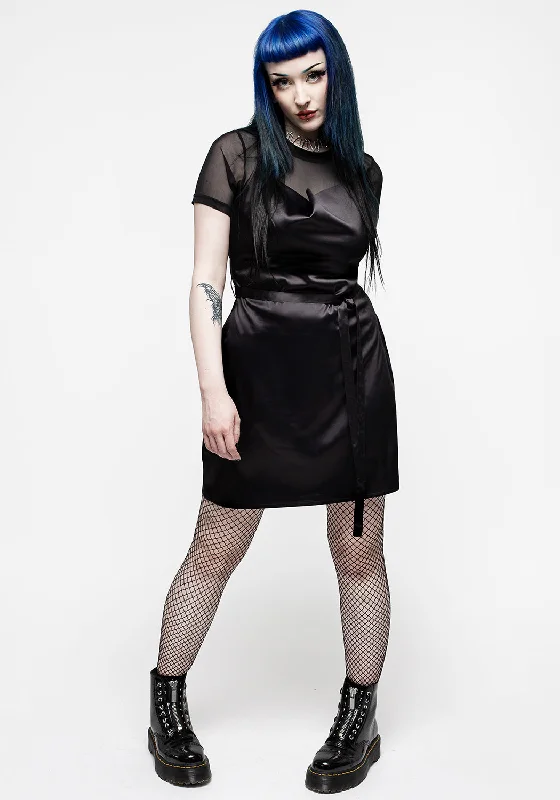 Medeina Cowl Neck Belted Satin Mini Dress - Midnight Black Chic Pleated Mini Dress
