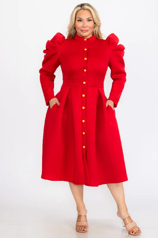 Plus Size Women Turtle neck Fluffy Sleeves Button Down Flare Midi Dress with Pocket Tunics Seasonal trendy Plus Size Women Turtle neck Fluffy Sleeves Button Down Flare Midi Dress with Pocket Tunics Seasonal trendy