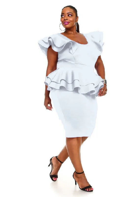 Hi Curvy Plus Size Women Elegant White Cascade Tiered Ruffle MIDI Dress Tunics Seasonal trendy Hi Curvy Plus Size Women Elegant White Cascade Tiered Ruffle MIDI Dress Tunics Seasonal trendy