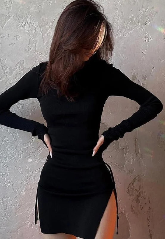 Getadme 1 Black Dress Long Sleeve Mini Dress Women Side Slit Drawstring Female Dress Autumn Winter Clothes Streetwear Bodycon Y2K Dress Comfortable Off-Shoulder Mini Dress