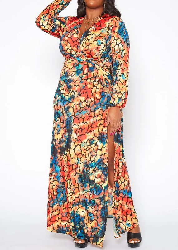 Hi Curvy Plus Size Women Rocky Print Wrap Maxi Dress Tunics Fleece cozy