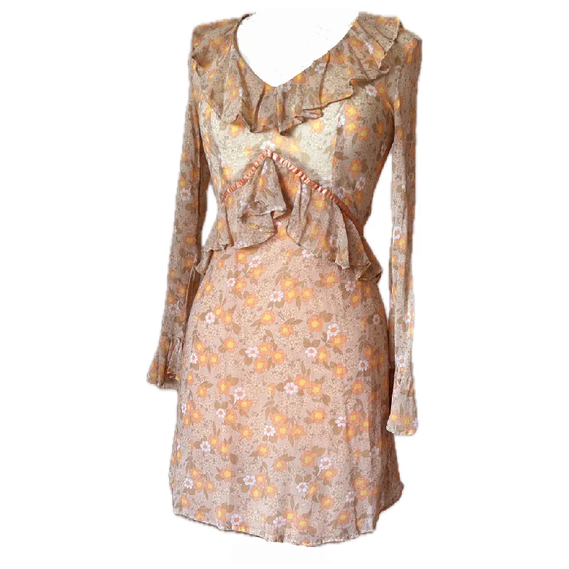 Peach floral vintage 1960s frill trim mini dress Chic Puff Sleeve Mini Dress