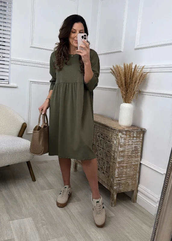 Ailbhe Khaki Smock Sweatshirt Dress Hoodie with Back Slit Movement Comfort