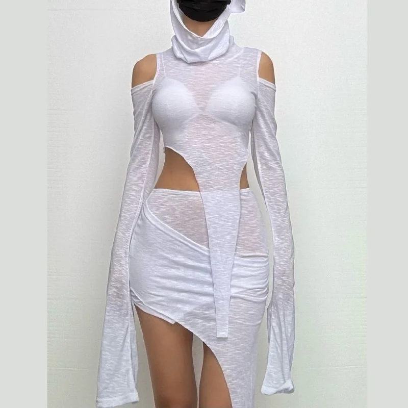 Hoodie irregular solid off shoulder long sleeve mini skirt set Hoodie with Metallic Shiny Futuristic Hoodie irregular solid off shoulder long sleeve mini skirt set Hoodie with Metallic Shiny Futuristic