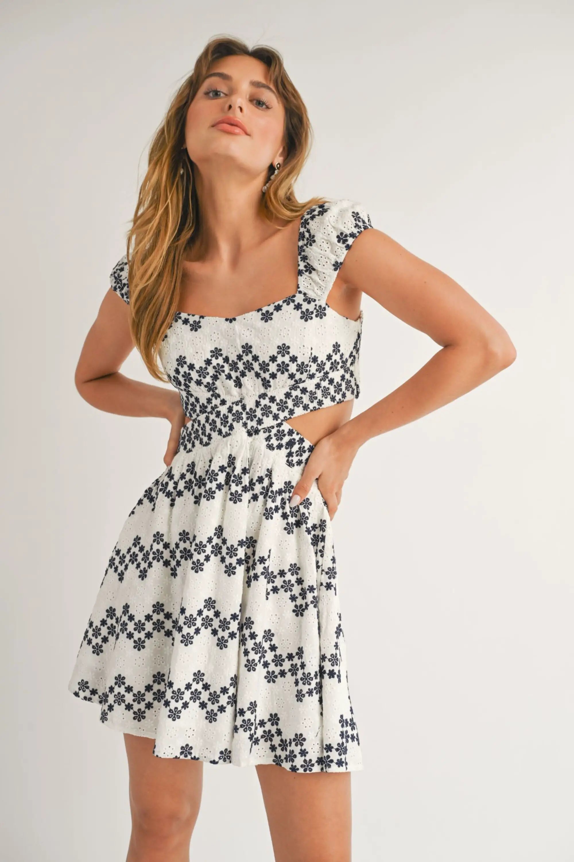 COSTA DEL SOL EYELET CUTOUT MINI DRESS - WHITE NAVY Casual High-Waist Mini Dress