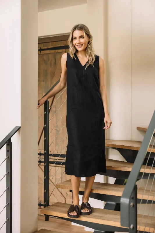 Kelly Slv/less Black linen Dress sweetheart Neckline Romantic