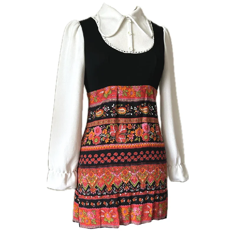 Mock pinafore early 1970s paisley border print beagle collar mini dress Fashionable Mini Dress with Slits