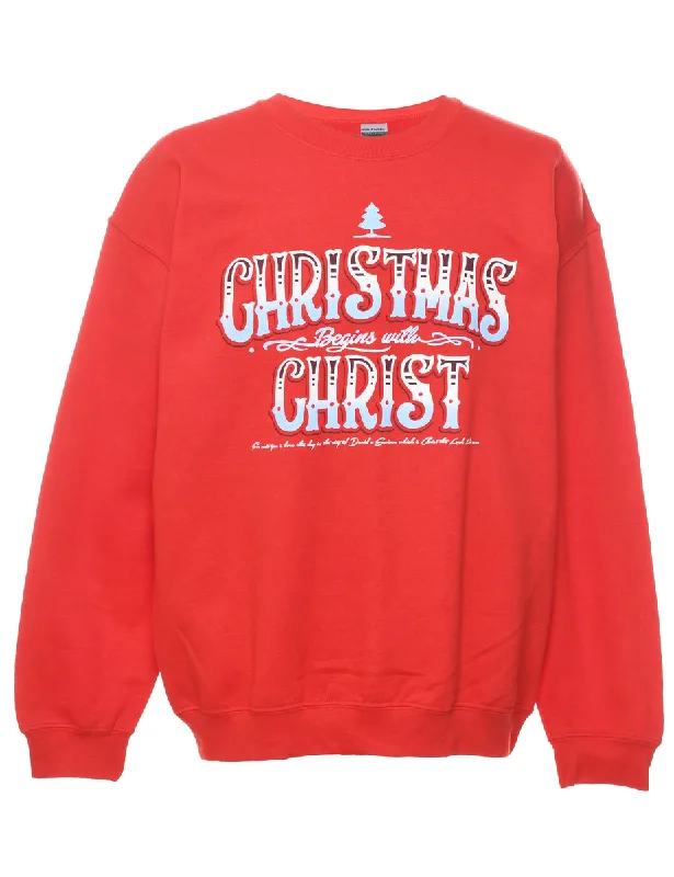 Red Christmas Sweatshirt - L Hoodie with Hem Embroidery Detailed Premium
