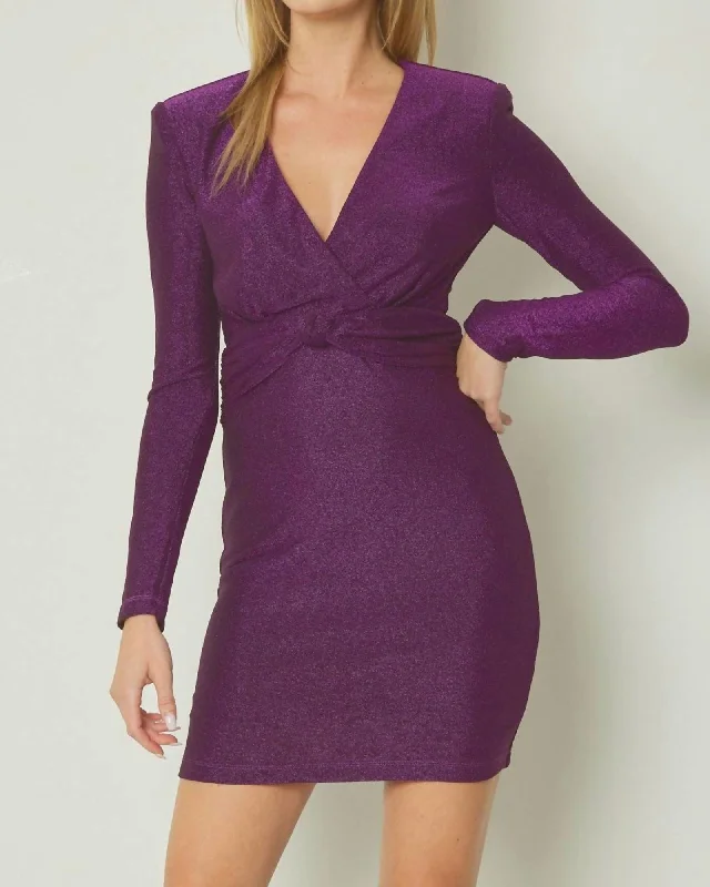 Glittery V-Neck Long Sleeve Mini Dress in Purple | Purple Fashionable Polka Dot Mini Dress