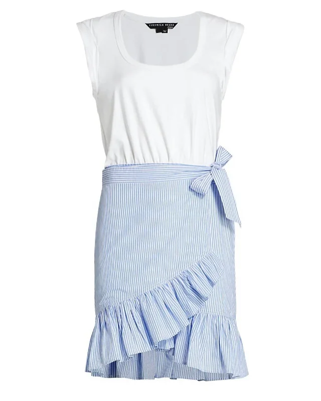 Addyson Ruffled Wrap Skirt Cotton Mini Dress in White/Blue | White/Blue Chic Pleated Mini Dress Addyson Ruffled Wrap Skirt Cotton Mini Dress in White/Blue | White/Blue Chic Pleated Mini Dress