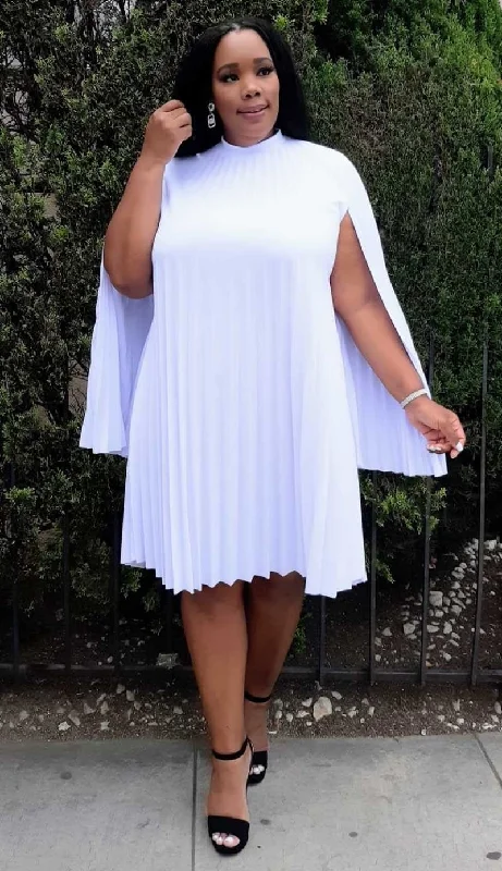 HI Curvy Plus Size Mock Neck Cape Sleeve Keyhole Back Pleated Knee Dress Tunics Versatile stylish HI Curvy Plus Size Mock Neck Cape Sleeve Keyhole Back Pleated Knee Dress Tunics Versatile stylish
