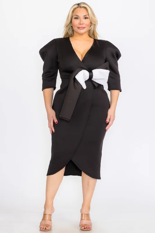 Plus Size Puffy Cap 3/Sleeves Wrap Peplum Midi Dresses with Bow Waist Detail Tunics Bridal satin Plus Size Puffy Cap 3/Sleeves Wrap Peplum Midi Dresses with Bow Waist Detail Tunics Bridal satin