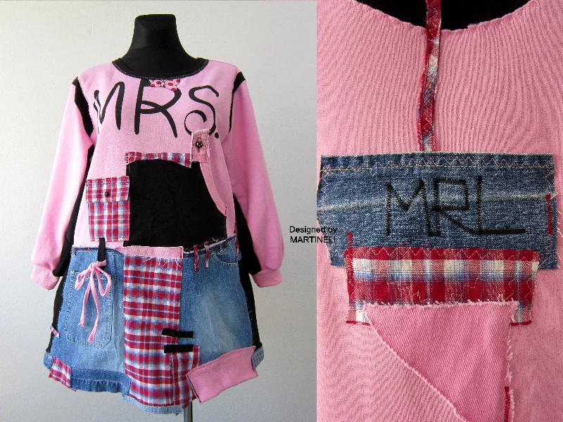 Plus Size 2XL Upcycled Pink Cotton Sweatshirt Dress Hoodie with Neon Bright Vibrant