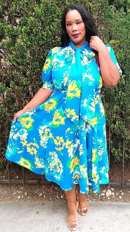 Hi Curvy Plus Size Flora Print Bow Collar Fit & Flare Midi Dress Tunics Stylish modern Hi Curvy Plus Size Flora Print Bow Collar Fit & Flare Midi Dress Tunics Stylish modern